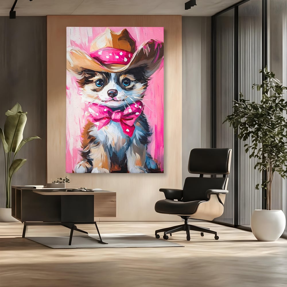 Tablou canvas cu tablou canvas cu catelus cowboy, fara rama, pe sasiu de lemn, pe perete intr-un birou